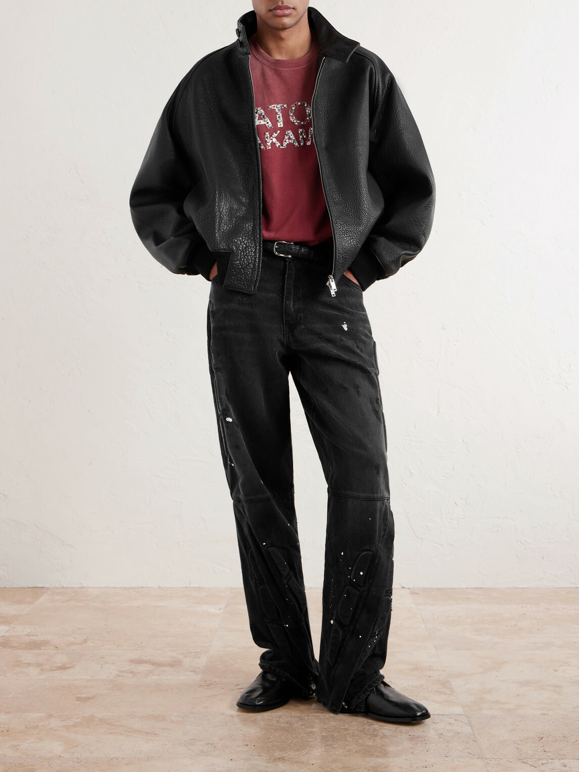 Satoshi Nakamoto - Enduro Straight-Leg Padded Paint-Splattered Jeans - Black