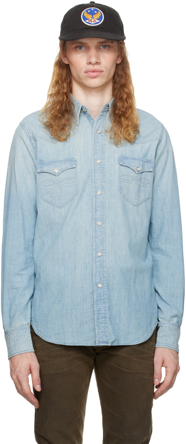 RRL Blue Slim Fit Chambray Western Shirt