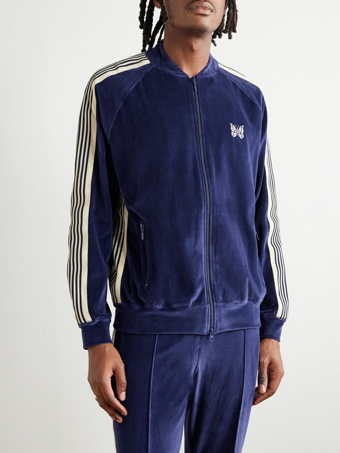 Needles - Logo-Embroidered Striped Cotton-Blend Velour Track Jacket - Blue