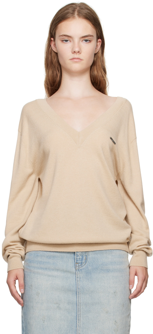 We11done Beige Deep V-Neck Sweater