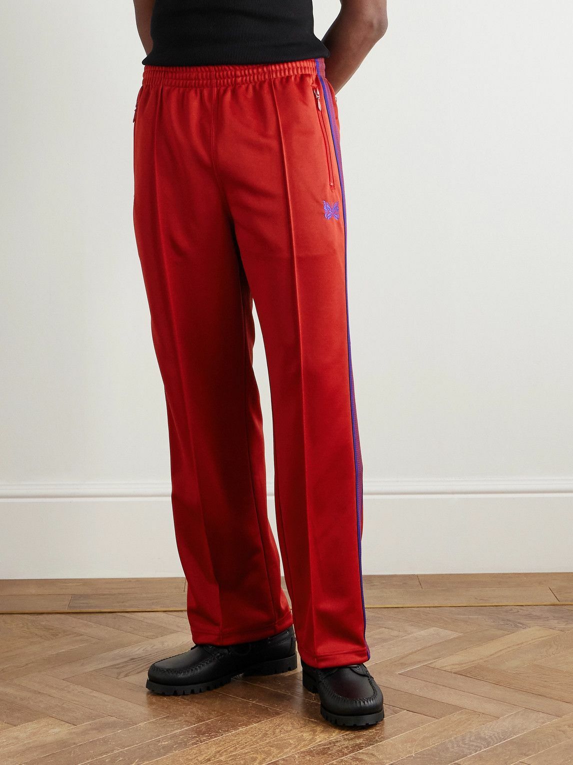 Needles - Straight-Leg Webbing-Trimmed Logo-Embroidered Jersey Track Pants - Red