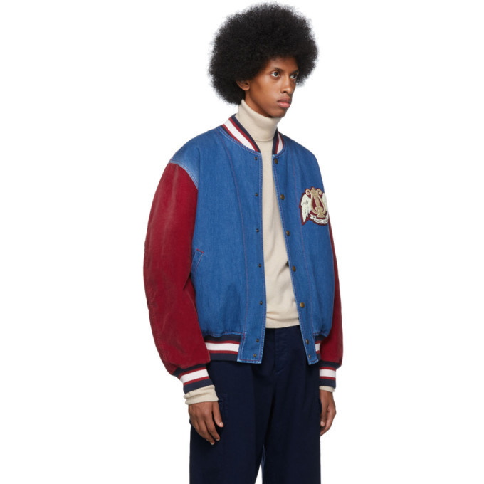 Gucci Blue And Red Denim Bomber Jacket, $3,600, SSENSE