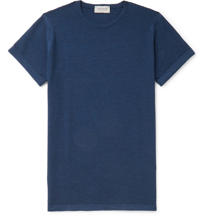 Photo: John Smedley - 2 Singular Slim-Fit Honeycomb-Knit Virgin Wool T-Shirt - Blue