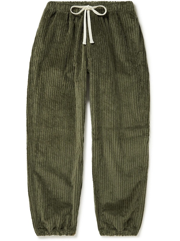 Photo: Camp High - Zen Tapered Appliquéd Cotton-Corduroy Drawstring Trousers - Green