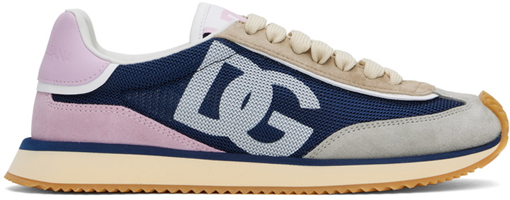 Photo: Dolce&Gabbana Blue & Gray Mixed-Material DG Cushion Sneakers
