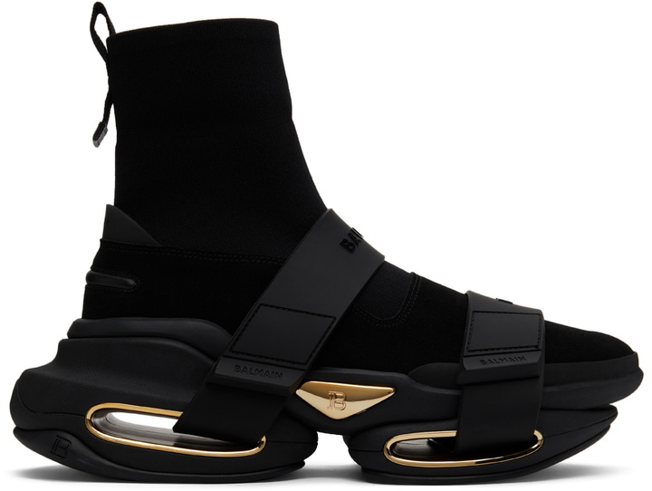 Photo: Balmain Black Knit B-Bold Strap High Sneakers