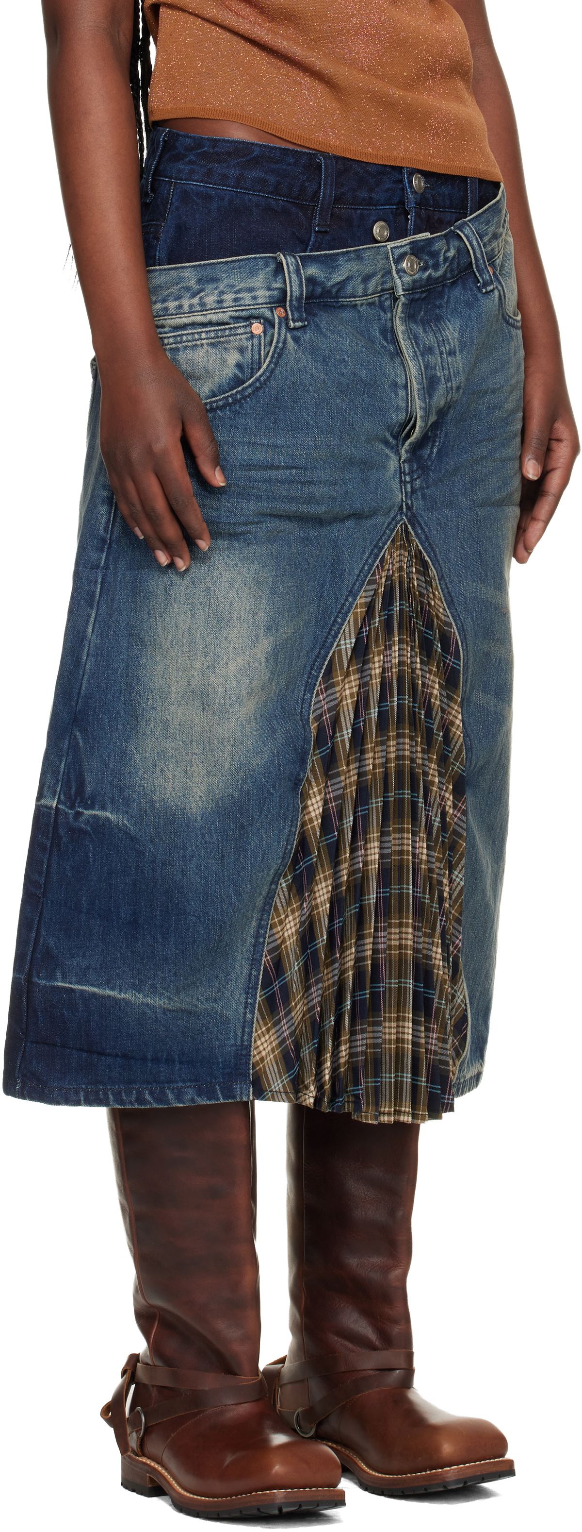 Andersson Bell Blue & Khaki Pleats Combo Flipped Denim Midi Skirt