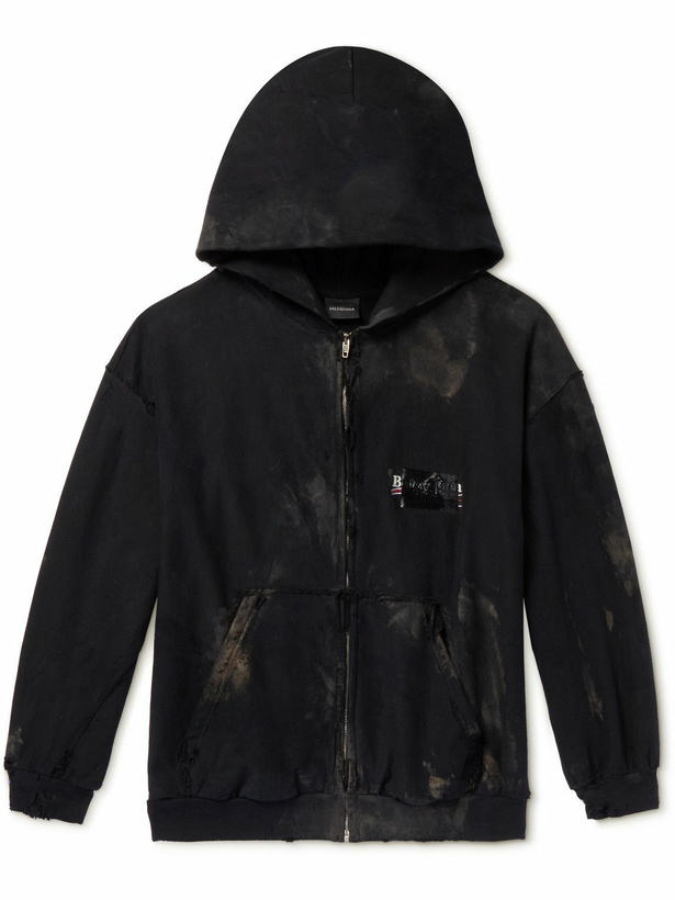 Photo: Balenciaga - Gaffer Logo-Embroidered Distressed Cotton-Jersey Zip-Up Hoodie - Black