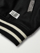 Wacko Maria - Logo-Embroidered Striped Wool-Blend and Leather Varsity Jacket - Black