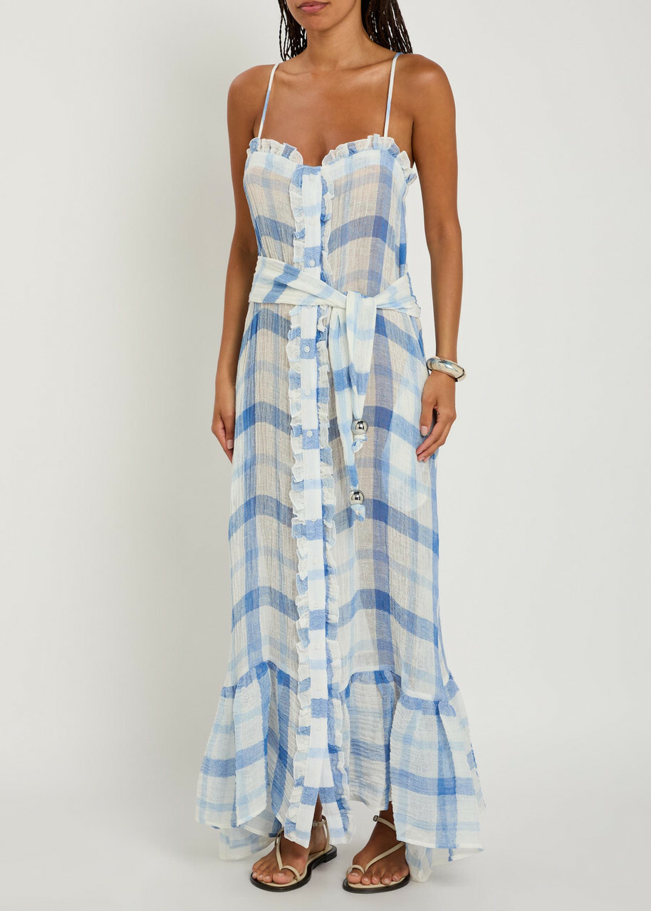 Lisa Marie Fernandez Checked Ruffled Linen-blend Maxi Dress Blue And White