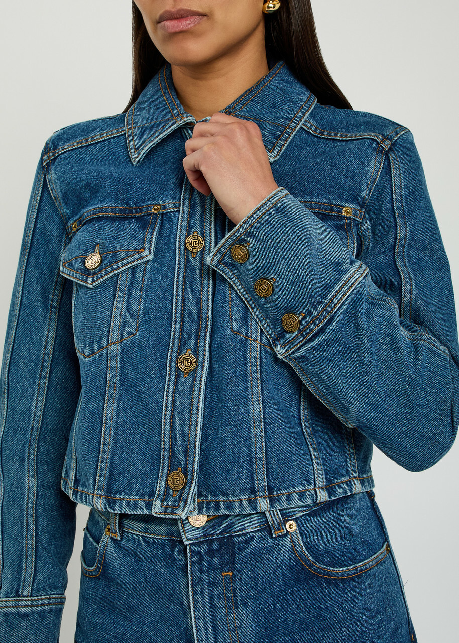 Balmain Cropped Denim Jacket Dark Blue