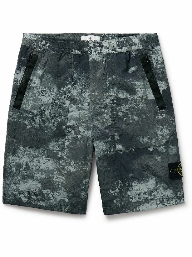 Photo: Stone Island - Straight-Leg Satin-Trimmed Camouflage-Print Shell Shorts - Gray