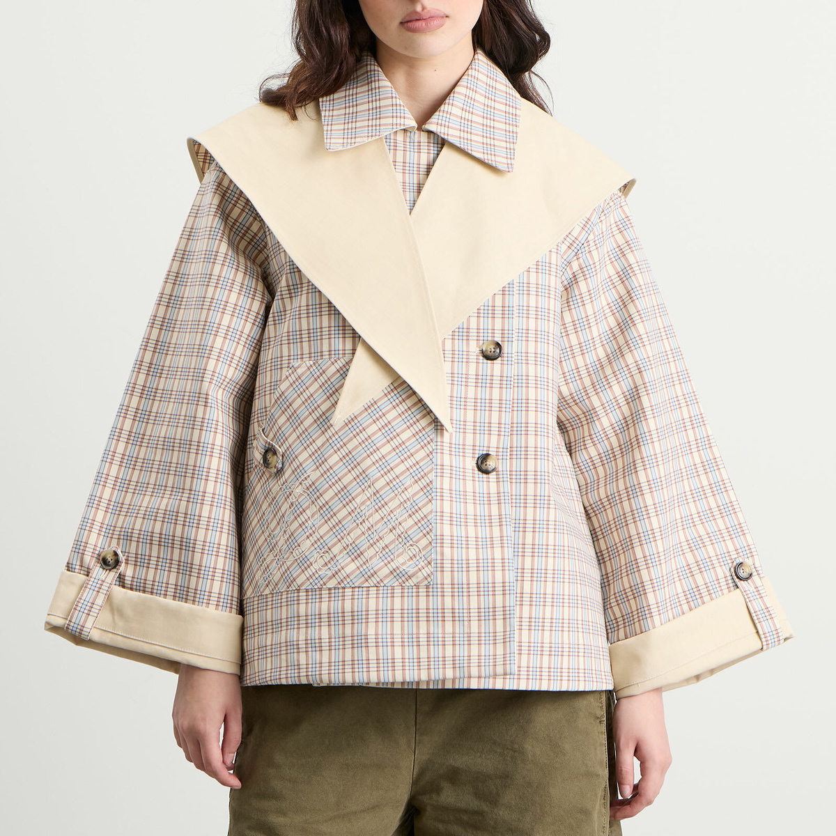 Damson Madder Women's Jerry Reversible Crop Trench Coat in Stone