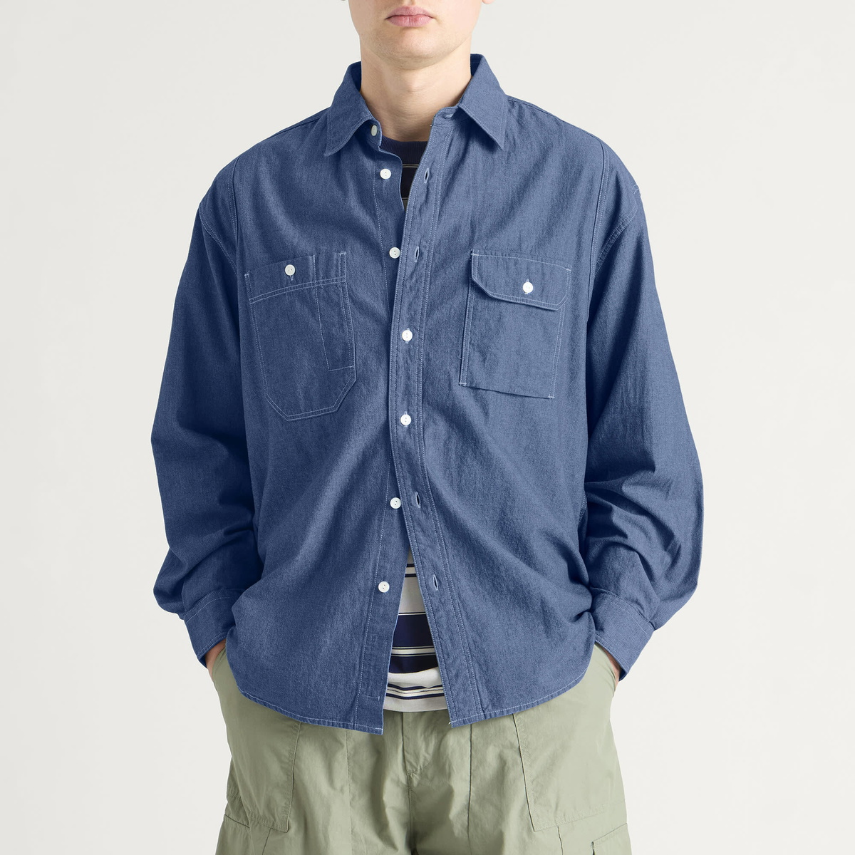 FrizmWORKS Men's 1920S Chambray Work Shirt in Blue