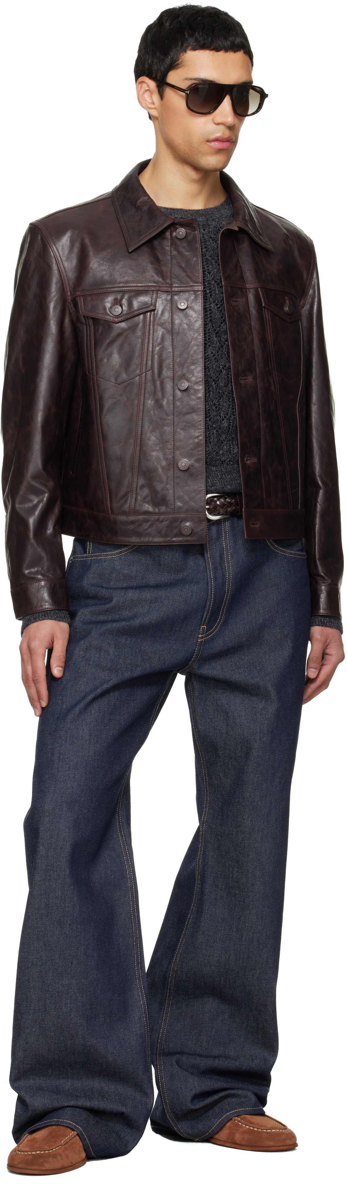 TONYWACK Brown Aged Lamb Trucker Leather Jacket