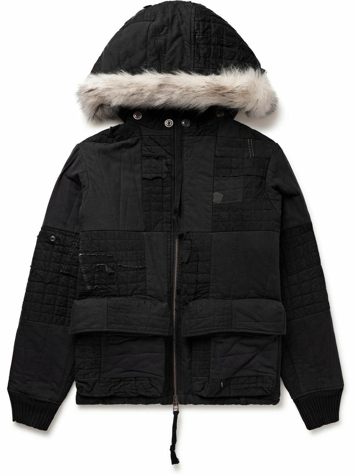 Photo: Greg Lauren - Faux Fur-Trimmed Distressed Patchwork Cotton-Blend Hooded Jacket - Black