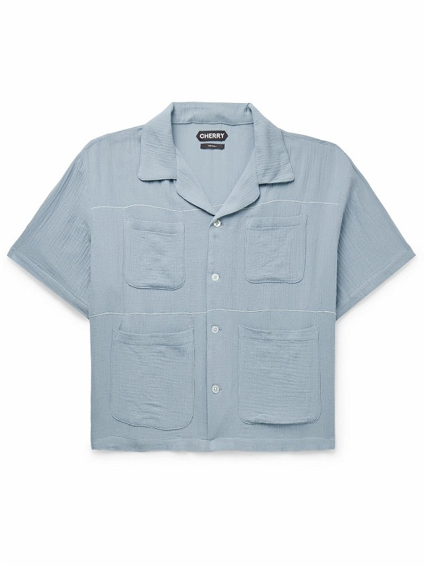 Photo: CHERRY LA - Vacation Camp-Collar Cotton-Gauze Shirt - Blue