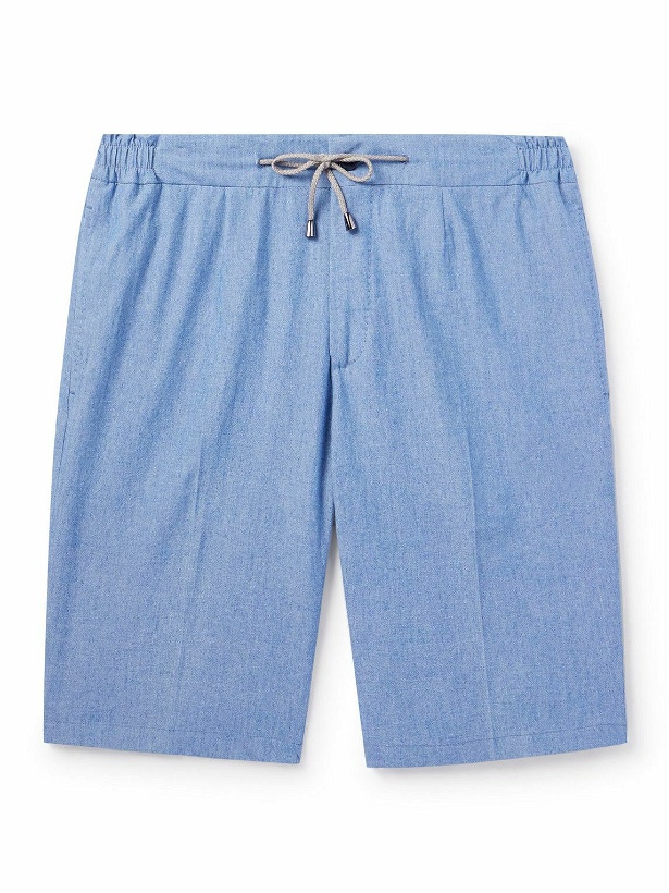 Photo: De Petrillo - Straight-Leg Cotton-Chambray Drawstring Shorts - Blue