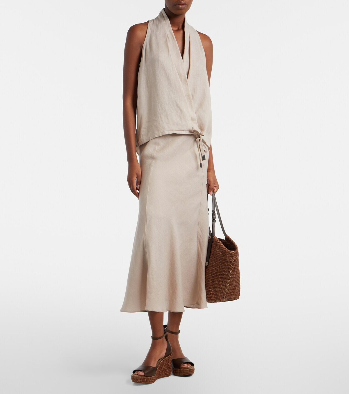 Brunello Cucinelli Large leather-trimmed raffia-effect tote bag