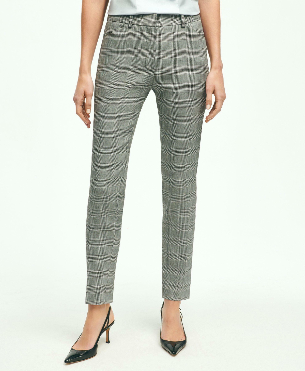 Photo: Brooks Brothers Women's Linen Blend Glen Plaid Pants | Light Grey
