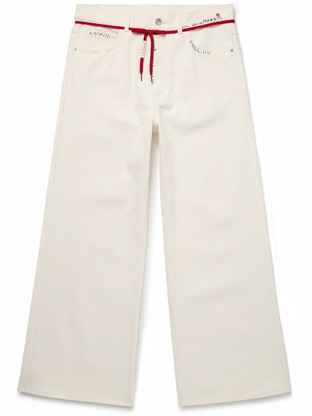 Photo: Marni - Wide-Leg Belted Logo-Embroidered Cotton-Drill Trousers - White
