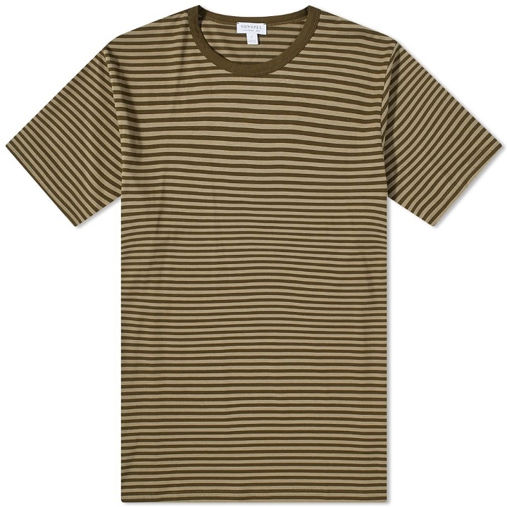 Photo: Sunspel Men's Classic Stripe Crew Neck T-Shirt in Caper/Dark Moss