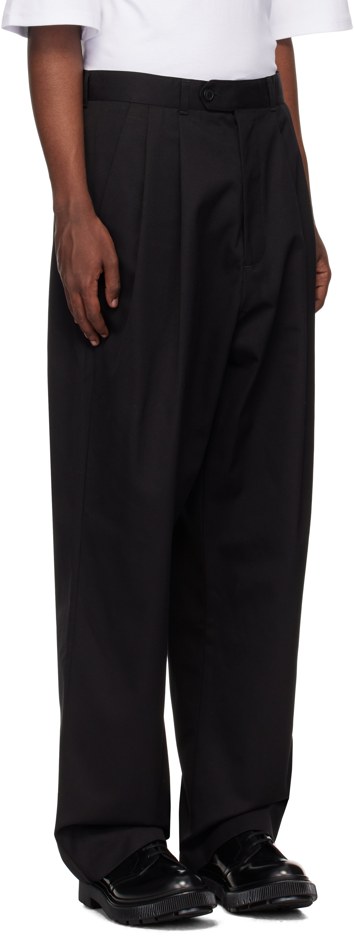 Lownn Black Cotton Gabardine Double Pleated Wide Trousers