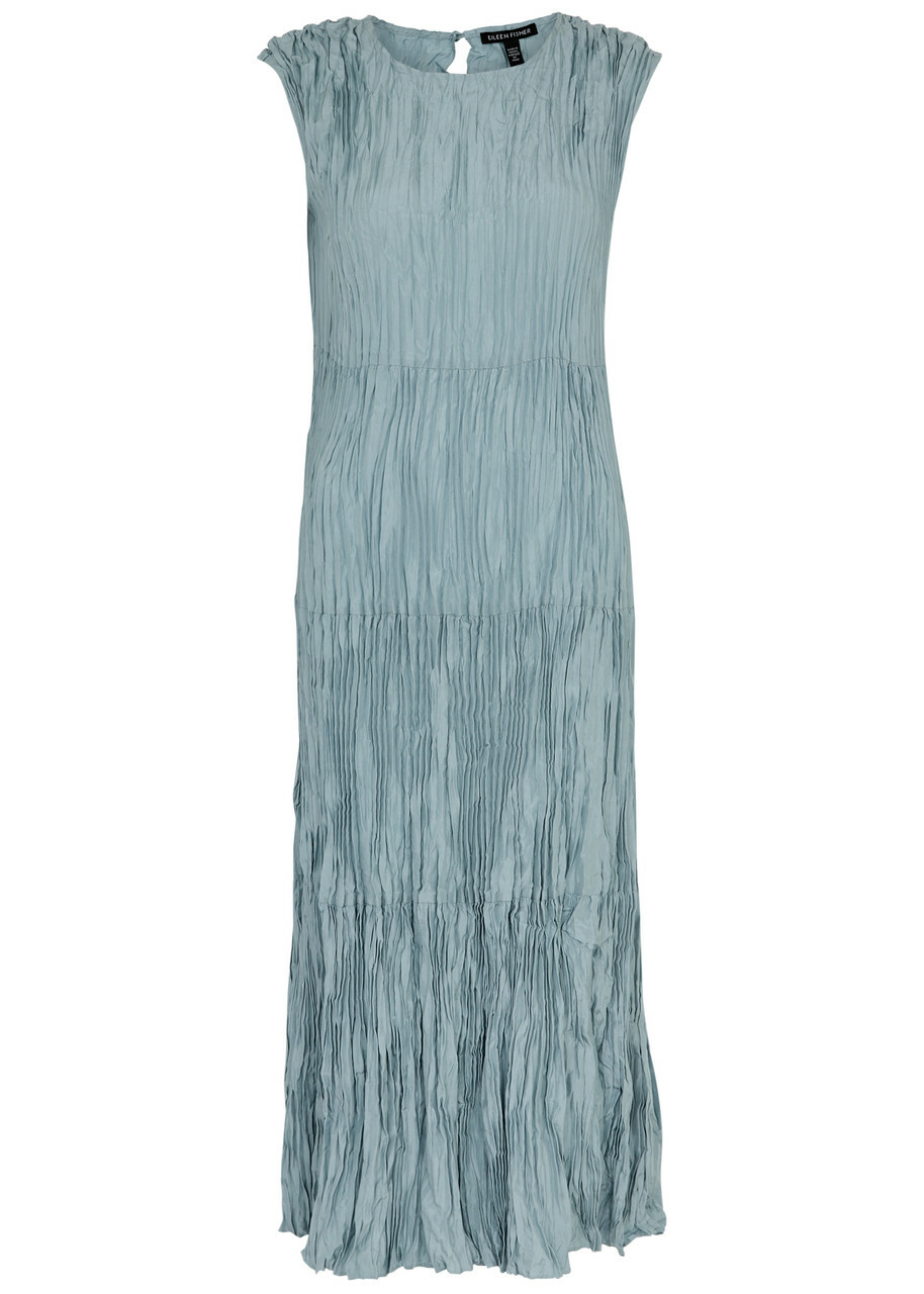 Eileen Fisher Jewel Pliss Silk Midi Dress Light Blue EILEEN FISHER