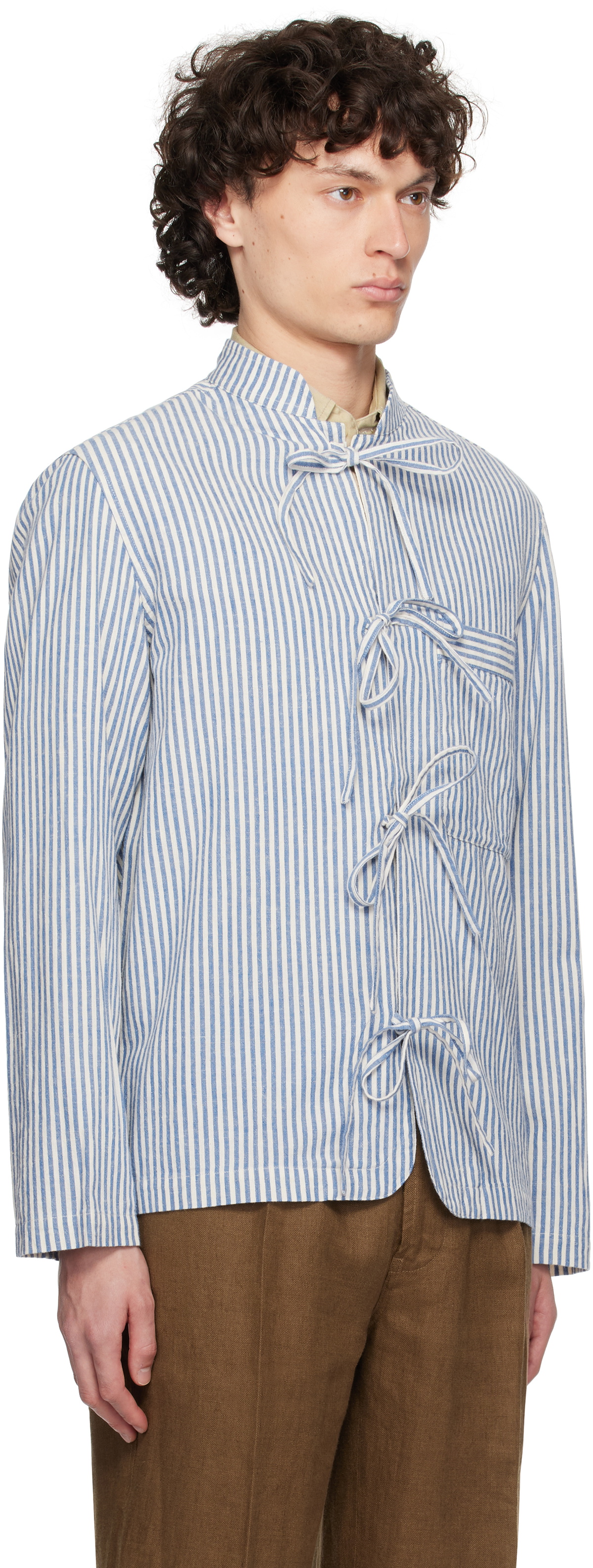 Drake's Blue & White Grandad Collar Tie Stripe Shirt Drake's