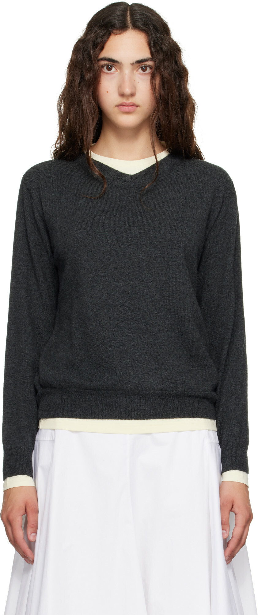 TONYWACK Gray Superfine Wool Layered V-Neck Sweater