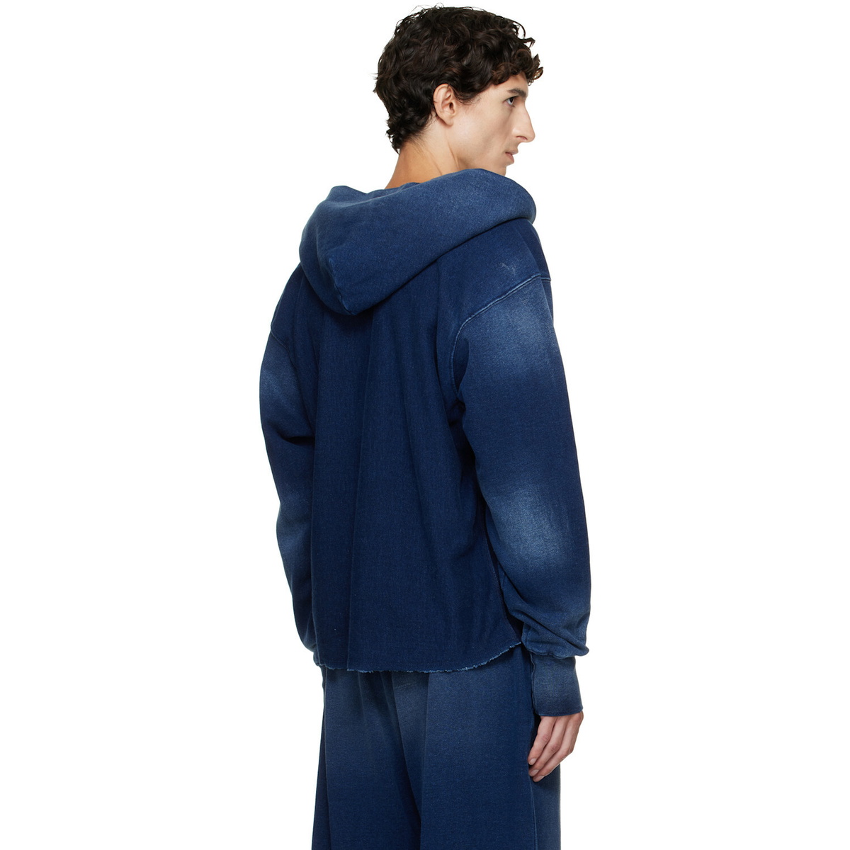 Les Tien Navy Heavyweight Raw Cropped Hoodie