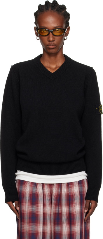 Photo: Stone Island Black 5100033 V-Neck Jersey Lambswool Sweater