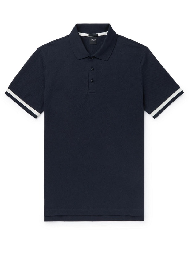Photo: HUGO BOSS - Contrast-Tipped Mercerised Stretch-Cotton Piqué Polo Shirt - Blue - S