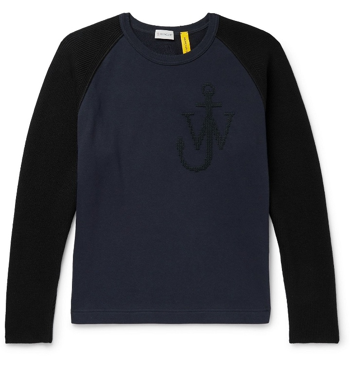 Photo: Moncler Genius - 1 Moncler JW Anderson Logo-Embroidered Virgin Wool and Loopback Cotton-Jersey Sweatshirt - Blue