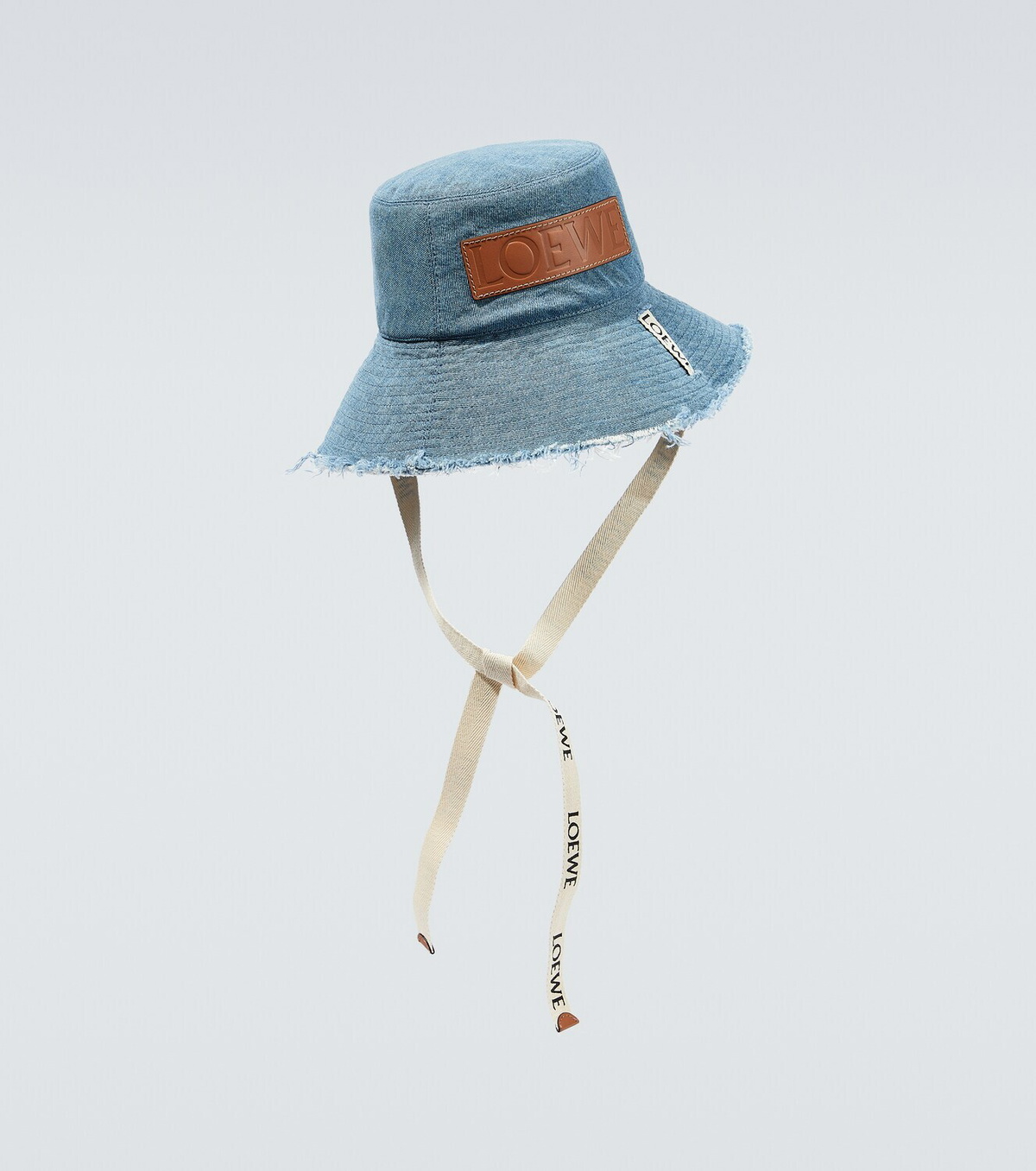 + Paula's Ibiza leather-trimmed frayed denim bucket hat