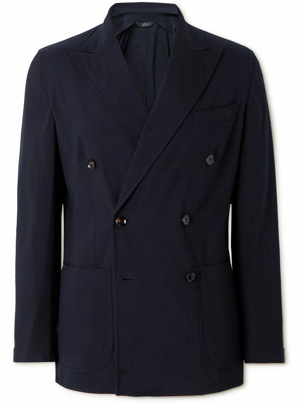 Photo: Brioni - Double-Breasted Silk-Blend Seersucker Suit Jacket - Blue