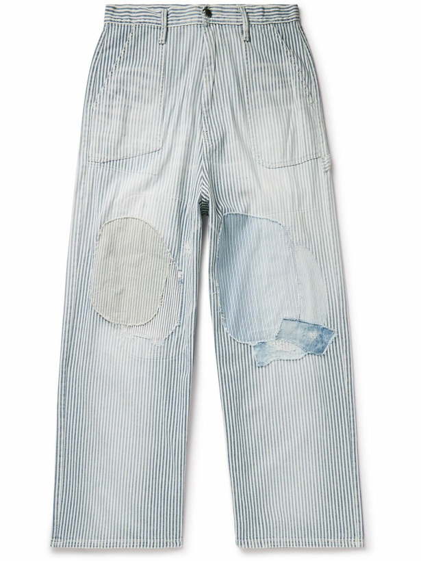Photo: KAPITAL - Hickoree Port Wide-Leg Striped Patchwork Cotton-Twill Trousers - Blue