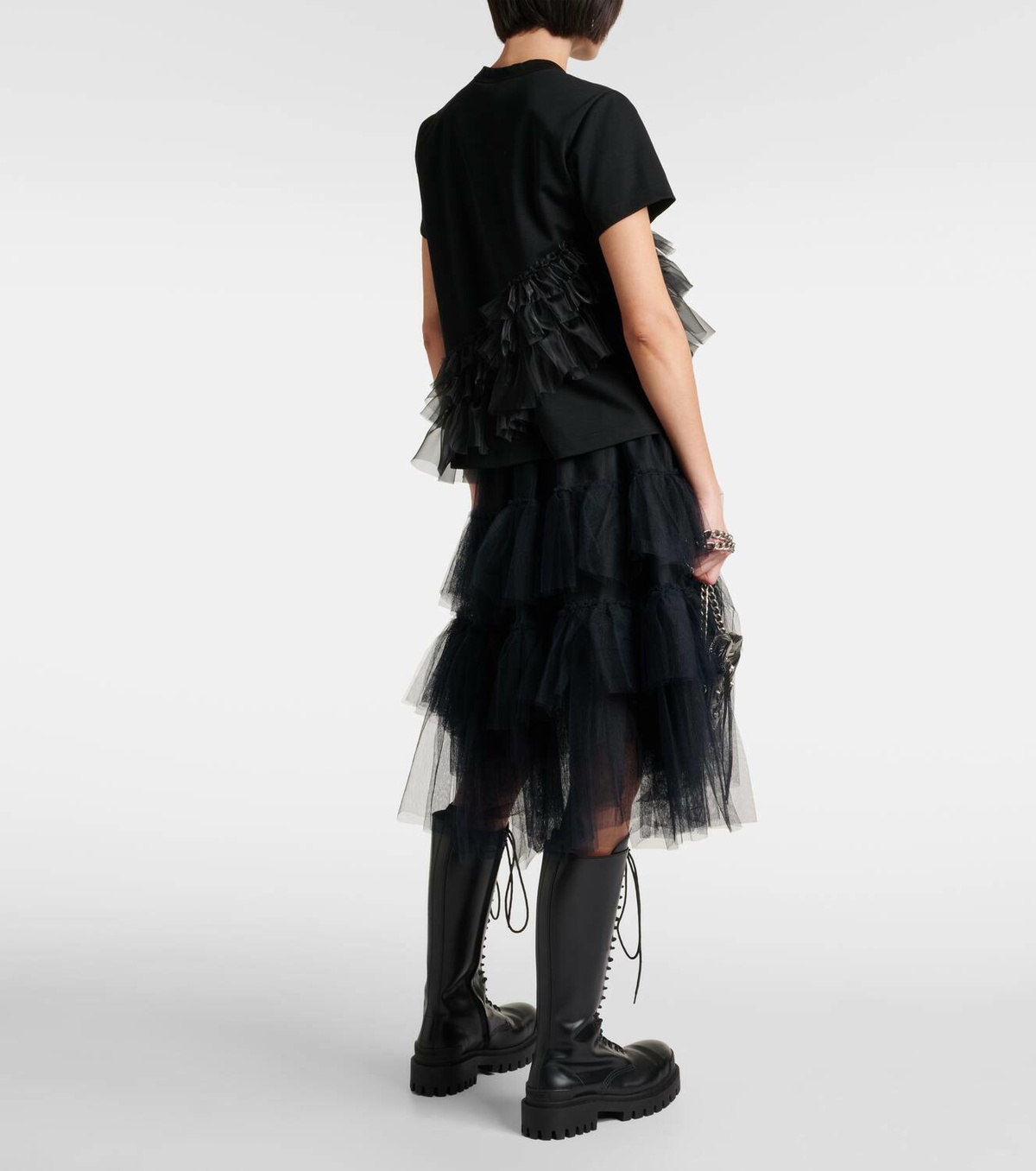 Noir Kei Ninomiya Tulle-trimmed cotton jersey T-shirt Noir