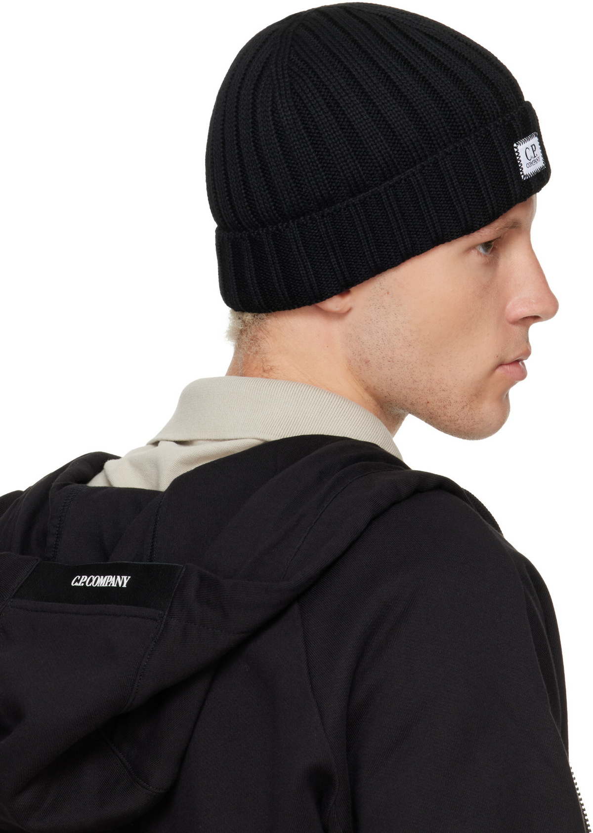 C.P. Company Black Extrafine Merino Wool Logo Beanie