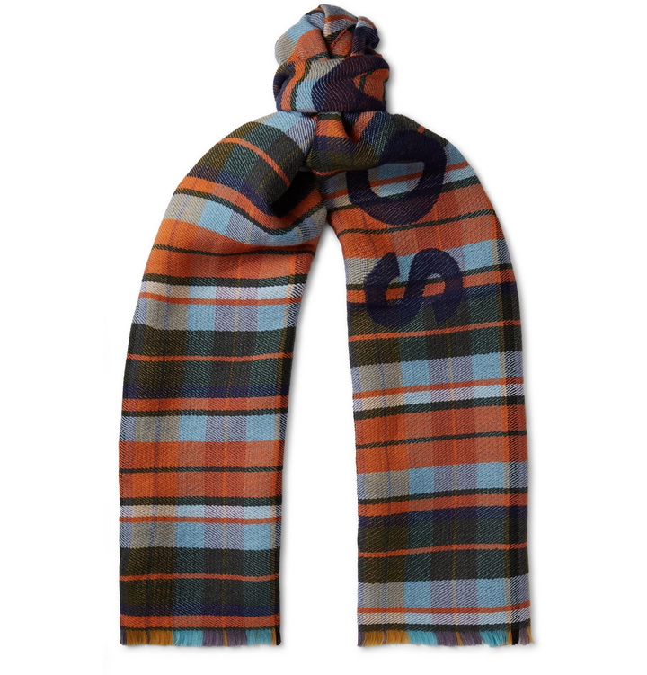 Photo: Acne Studios - Victoria Logo-Print Checked Wool Scarf - Blue