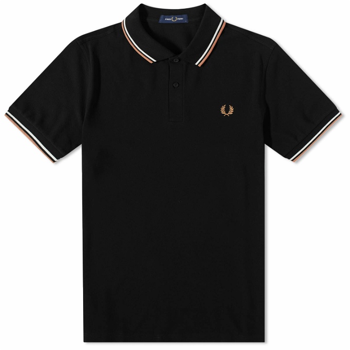 Photo: Fred Perry Authentic Men's Slim Fit Twin Tipped Polo Shirt in Black/Snow White/Light Rust