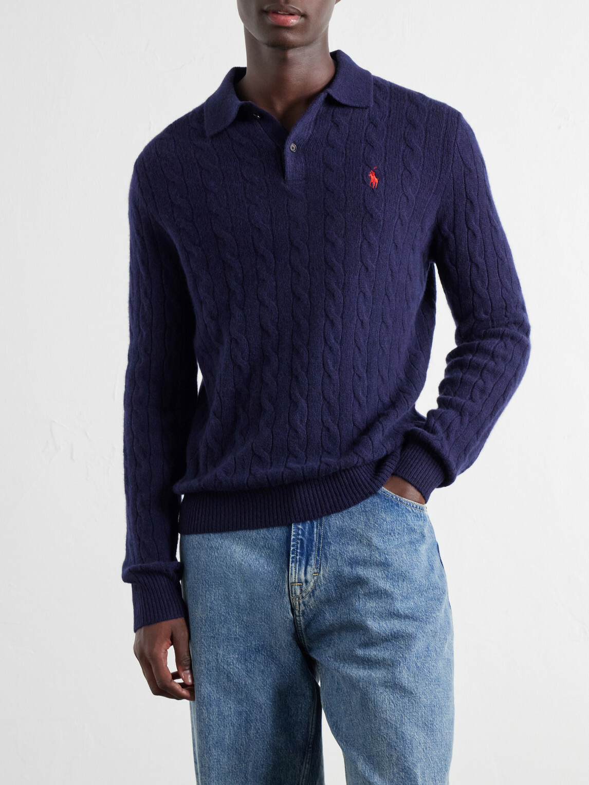 Polo Ralph Lauren - Cable-Knit Wool and Cashmere-Blend Polo Sweater - Blue