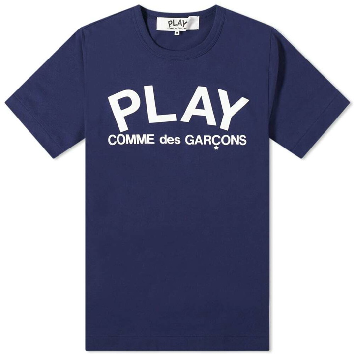 Photo: Comme des Garçons Play Men's Text Logo T-Shirt in Navy