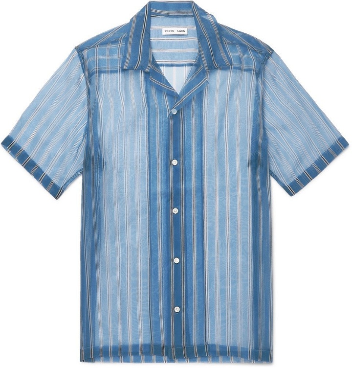 Photo: CMMN SWDN - Duncan Camp-Collar Striped Silk-Organza Shirt - Blue