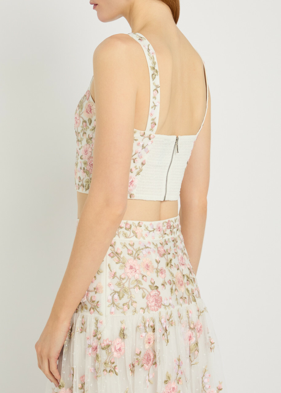 Needle & Thread Eden Rose Floral-embroidered Tulle Crop top White