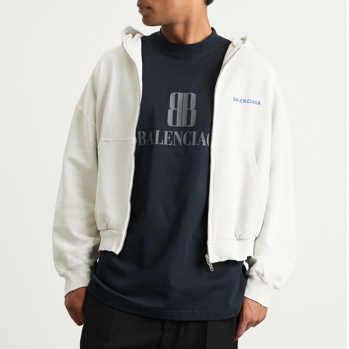 パーカー・フーディ Balenciaga Logo Back Dry Molleton Zip-Up Hoodie Balenciaga Men's Logo Back Dry Molleton Zip-Up Hoodie in