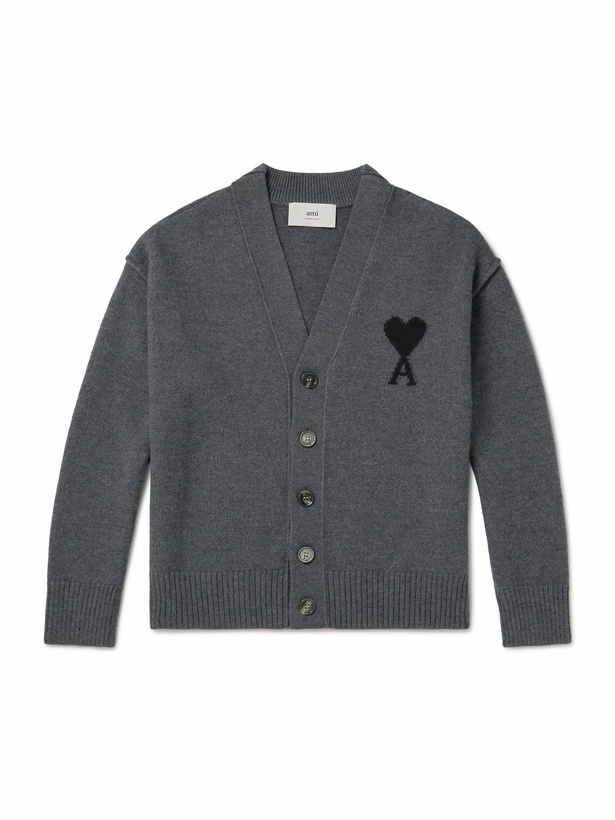 Photo: AMI PARIS - Logo-Intarsia Virgin Wool Cardigan - Gray