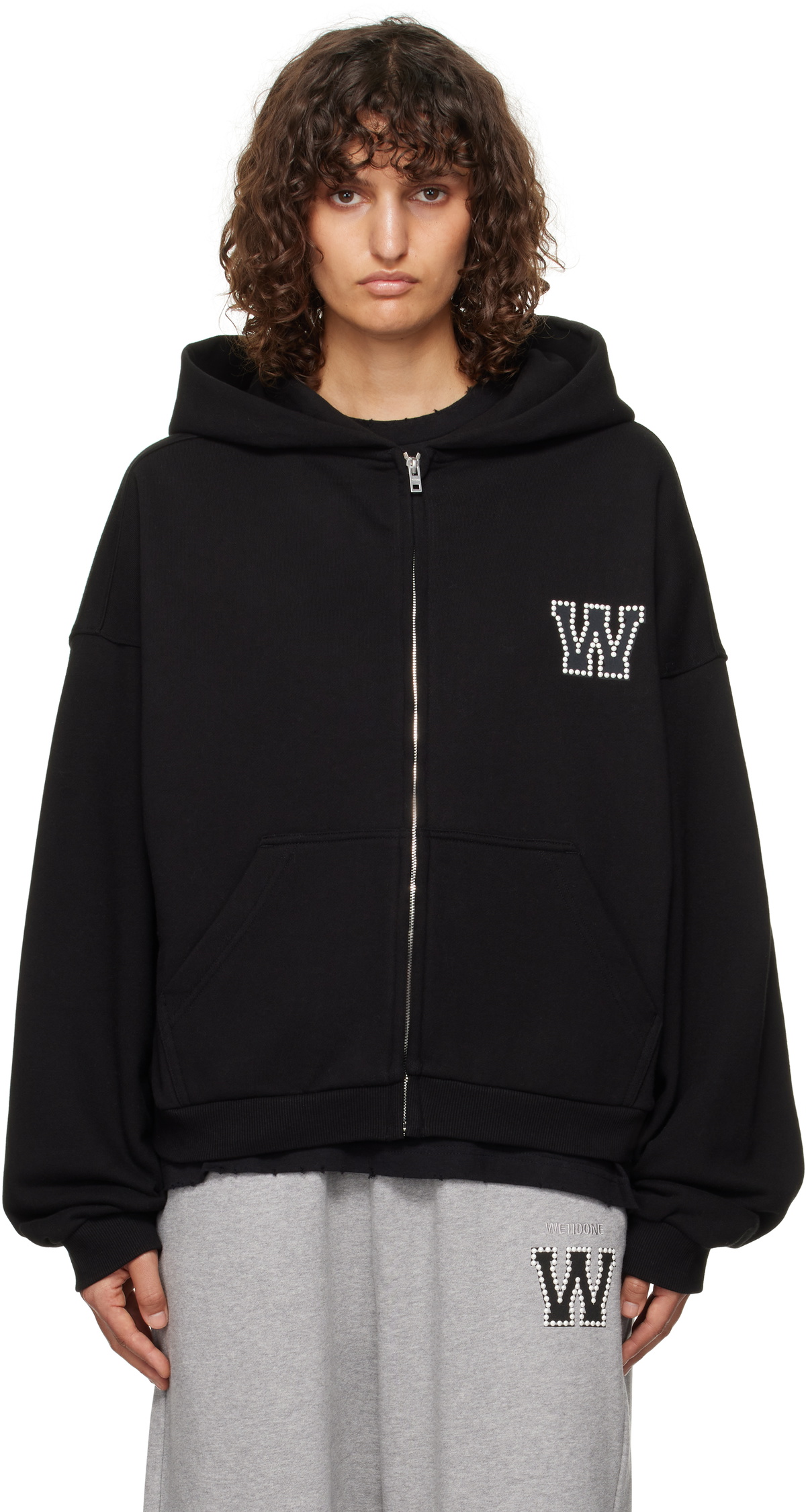 【WE11DONE】 Pierced Zip-Up Hoodie Black We11done: Black Pierced Zip-Up Hoodie | SSENSE