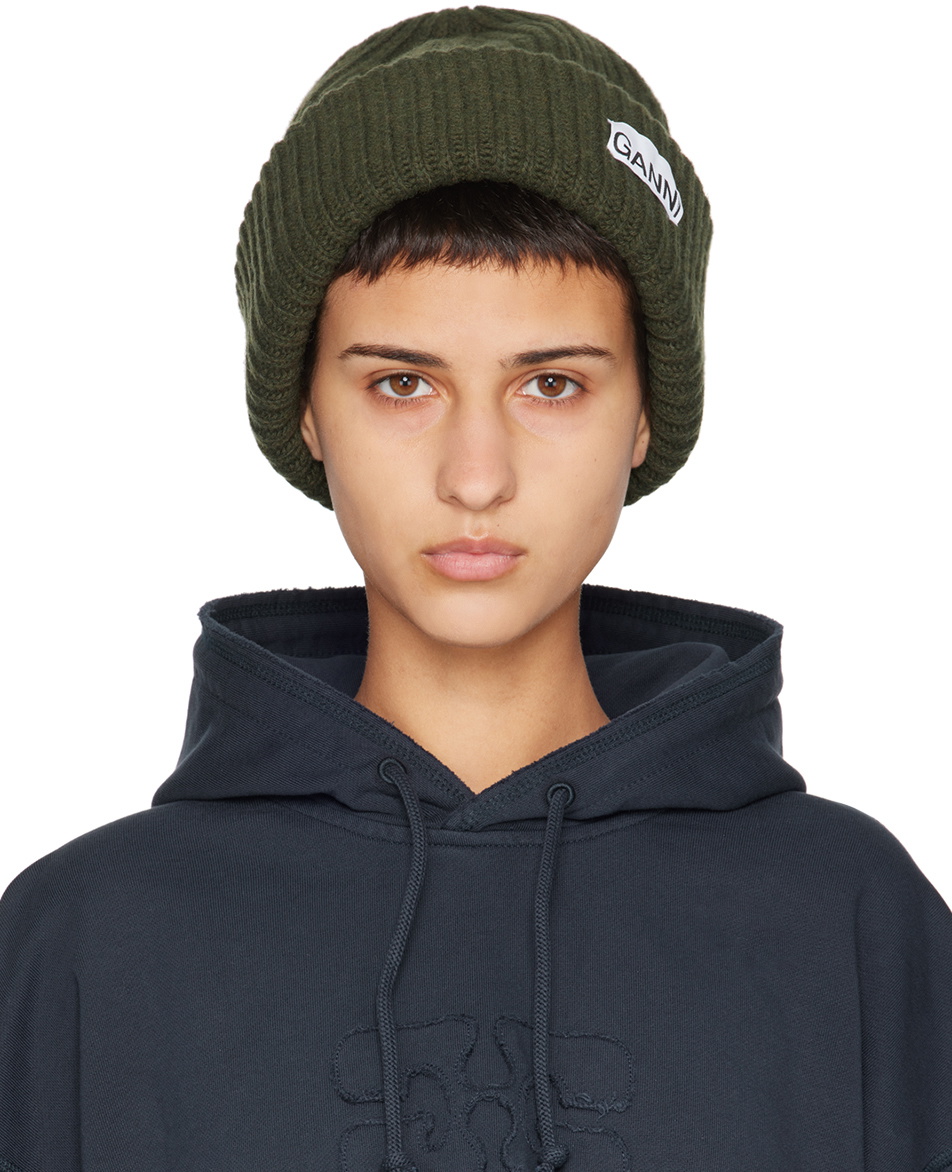 GANNI Green Loose Wool Rib Knit Beanie GANNI