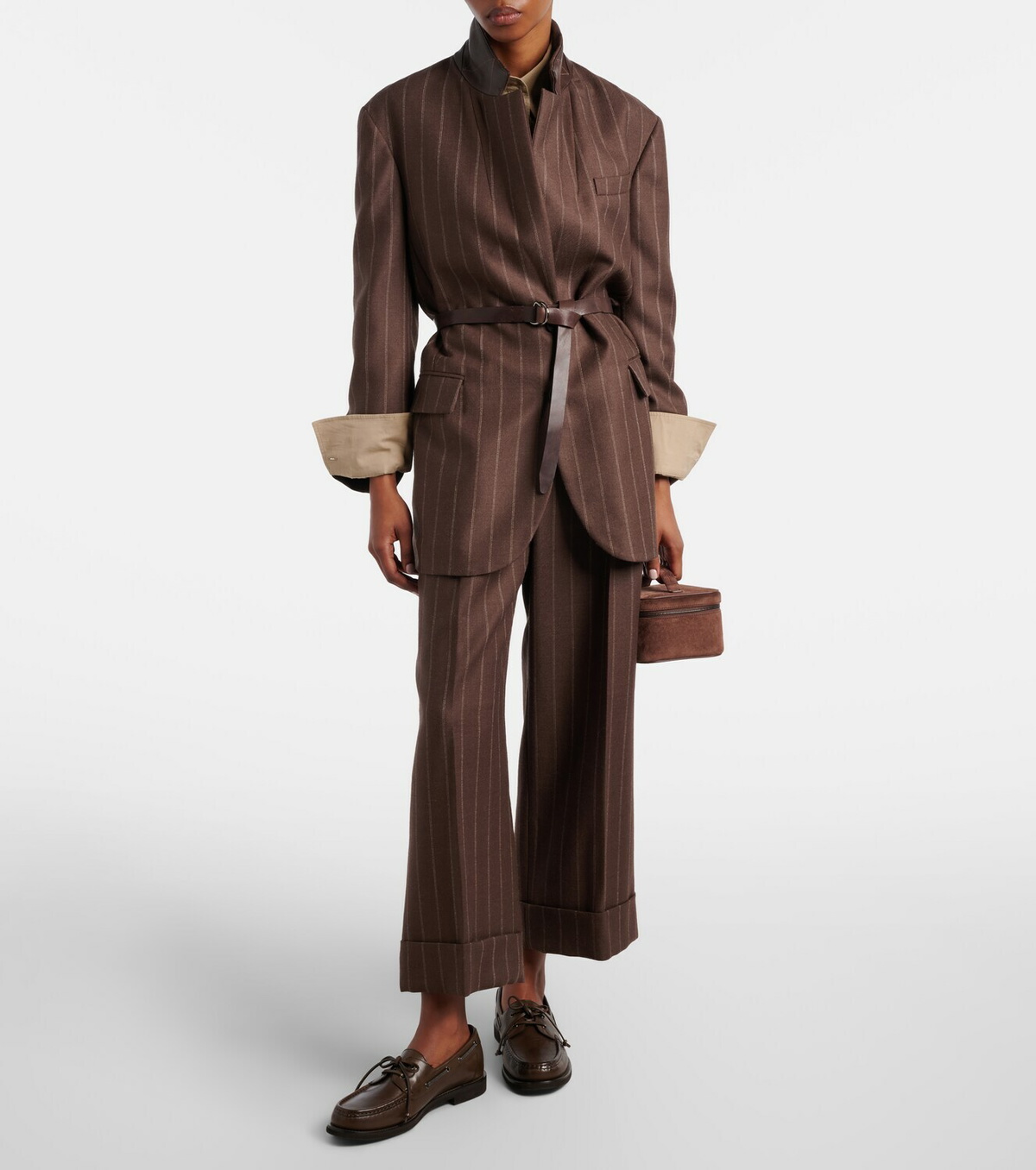 Brunello Cucinelli Belted pinstriped virgin wool blazer